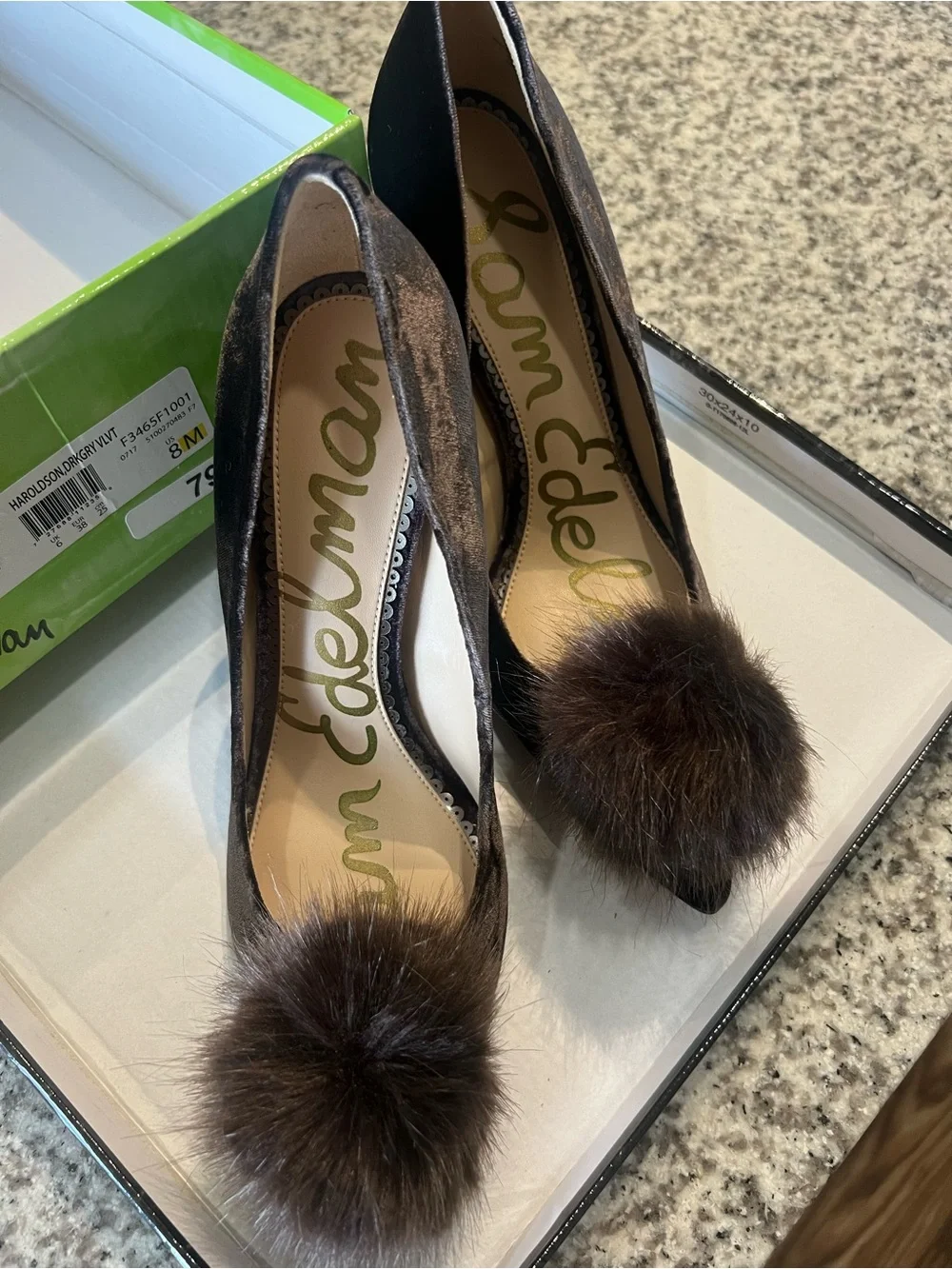 Sam Edelman Dark Brown Velvet Pom-Pom Pointed Toe Heels